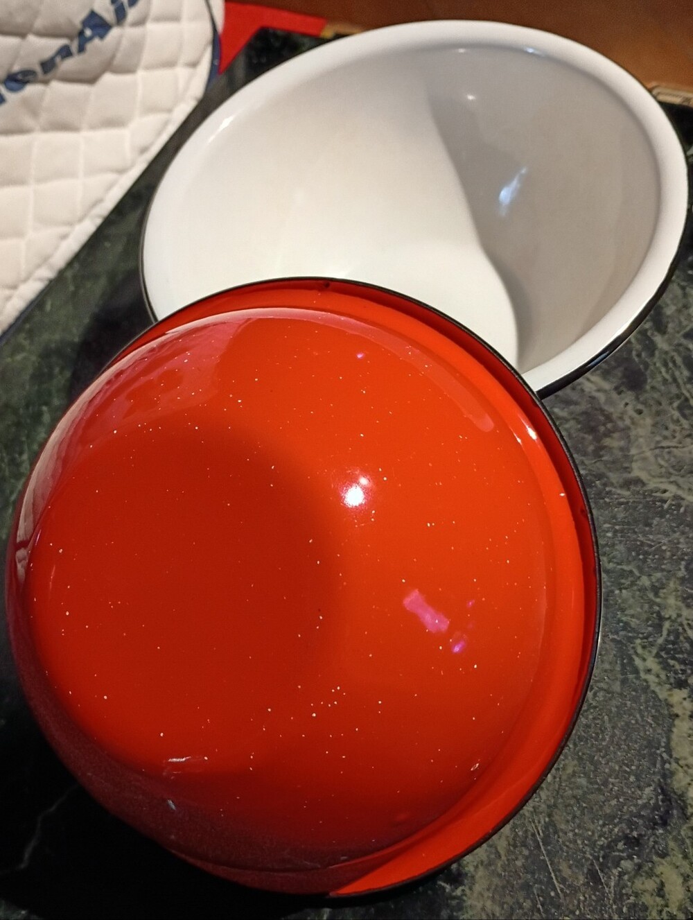 Red Enamel Two Bowl Set with White Interior & Black Trim